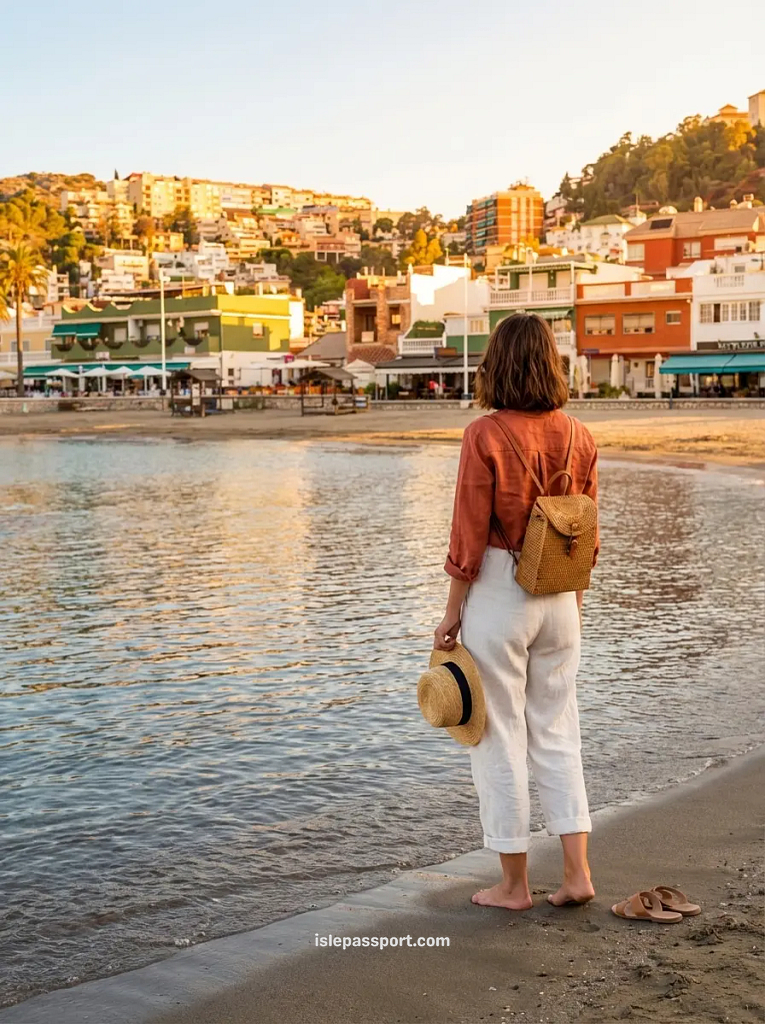Pedregalejo beach Málaga at golden hour with colorful fishermen houses and clear Mediterranean water
