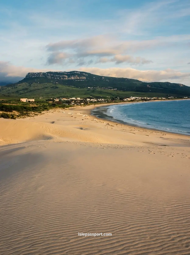Landscape photograph capturing the sweeping curve of Playa de Bolonia in Cádiz, one of the best Atlantic beaches in Spain, viewed from the summit of the massive Bolonia sand dune with mountains in the background.