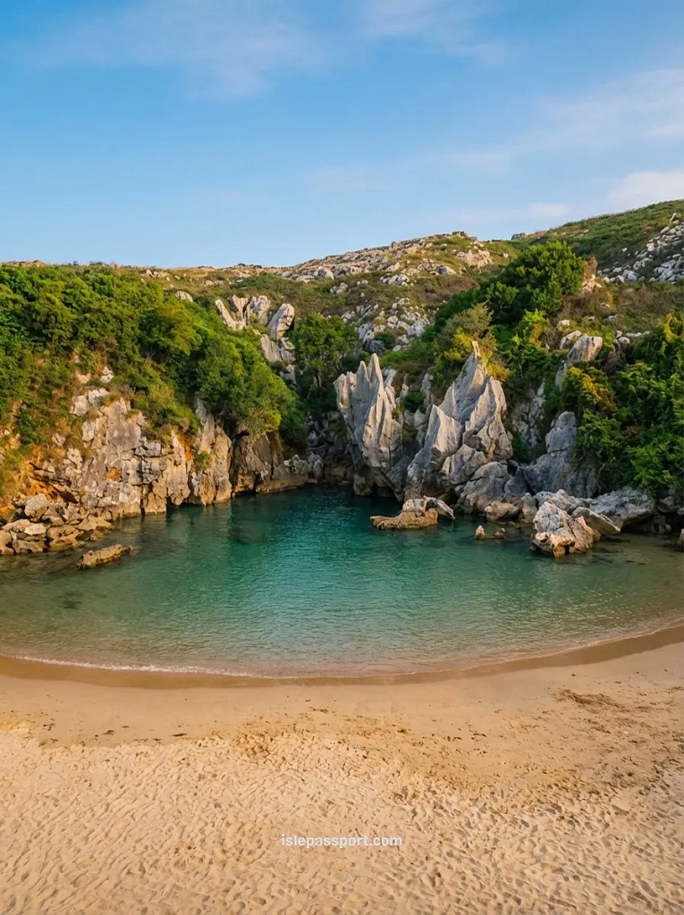The unique inland beach of Playa de Gulpiyuri in Asturias, showing a small sandy cove surrounded by green meadows with no visible ocean connection.