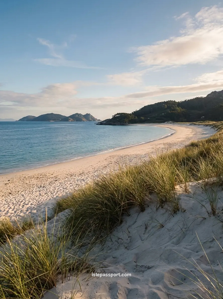 View of Playa de Rodas on the Cíes Islands, showing the crescent beach of white sand and native grasses, leading to the clear blue waters of the Atlantic, with the green mountains in the distance.