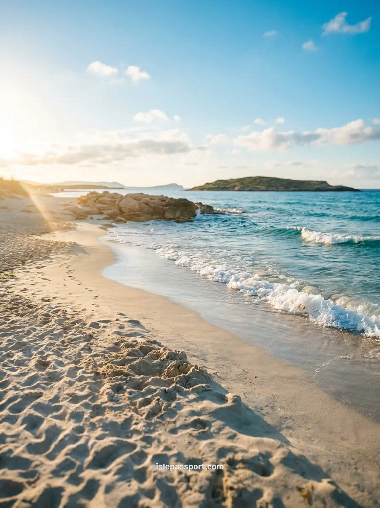Wide shot of the shoreline at Playa de Ses Illetes, Formentera, showing crystal clear Mediterranean water, white sand, and a small rocky island under a bright blue sky.