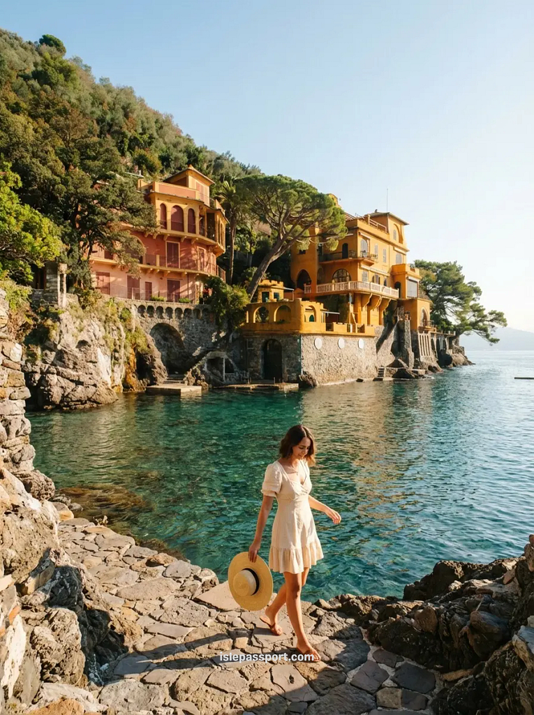 A magnificent yellow villa complex in Portofino, Italy, sits directly on the rocky coastline above crystal-clear blue water.