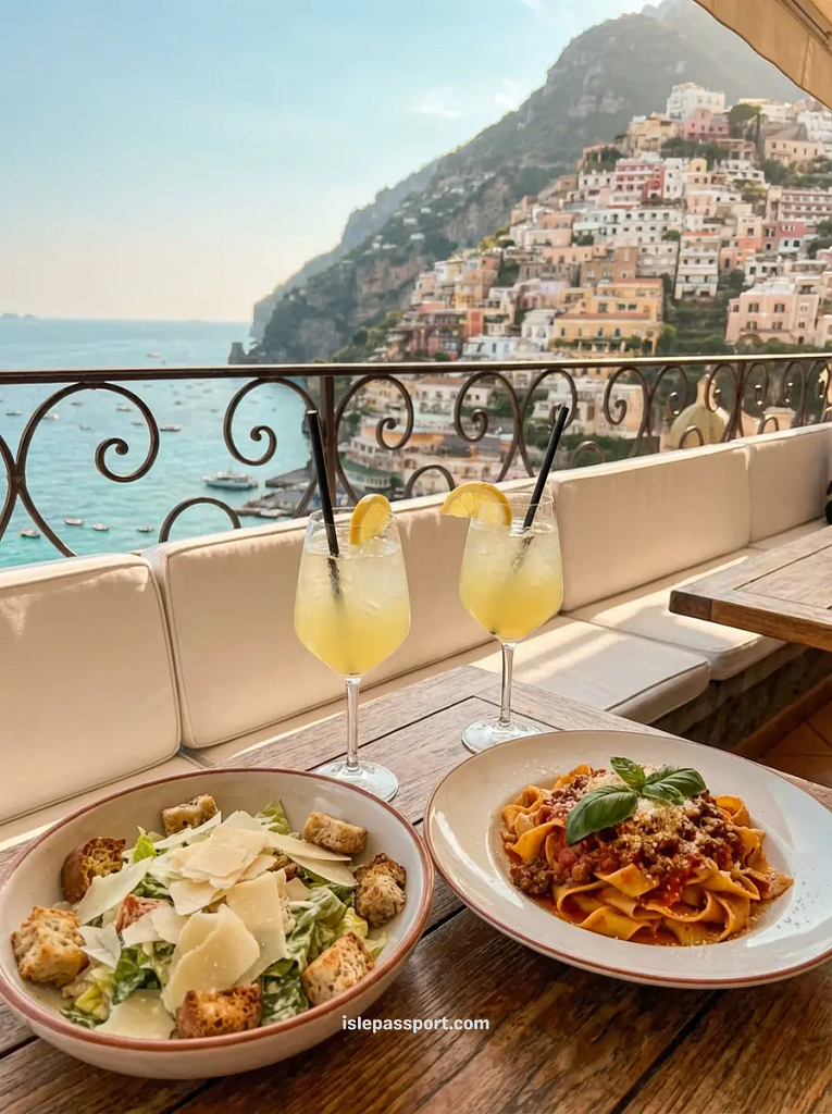 Pasta and Caesar salad on a restaurant terrace overlooking Positano's cliffside and bay, Amalfi Coast