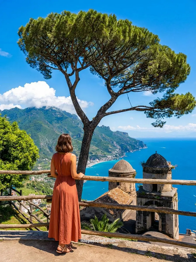 A woman stands at a scenic Ravello stone terrace viewpoint next to a classic Italian stone pine tree, overlooking the blue Mediterranean sea and coastal villas of the Amalfi Coast