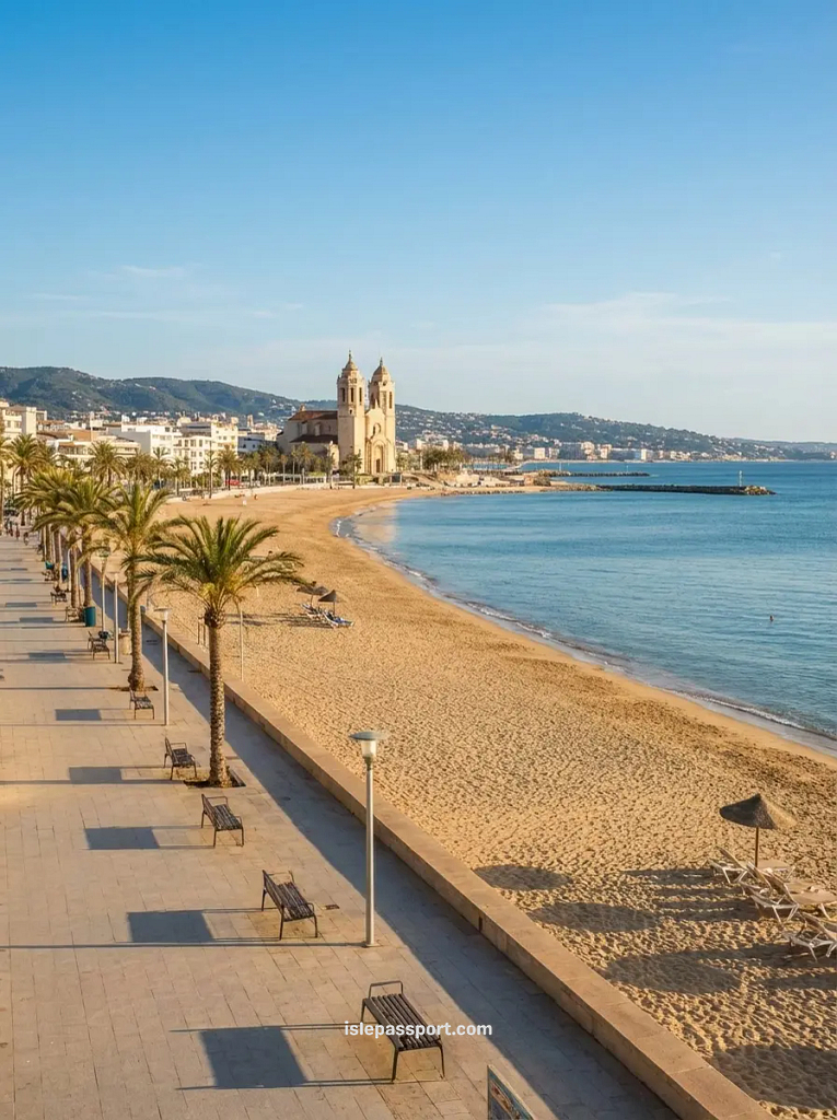 Wide shot of the golden sand beach in Sitges, Spain, featuring the iconic church of Sant Bartomeu in the background.