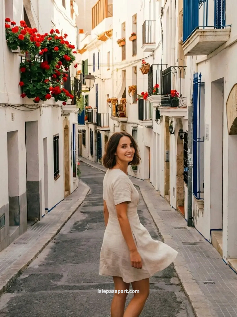 A woman in a linen dress looking back in a narrow, white-walled alley in the Sitges old town, featuring balconies covered in bright red geranium flowers.