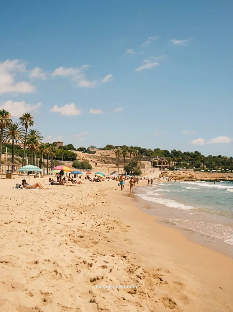 Wide shot of the sandy Platja del Miracle in Tarragona with colorful beach umbrellas and the ancient Roman amphitheater ruins visible on the slope above the beach.