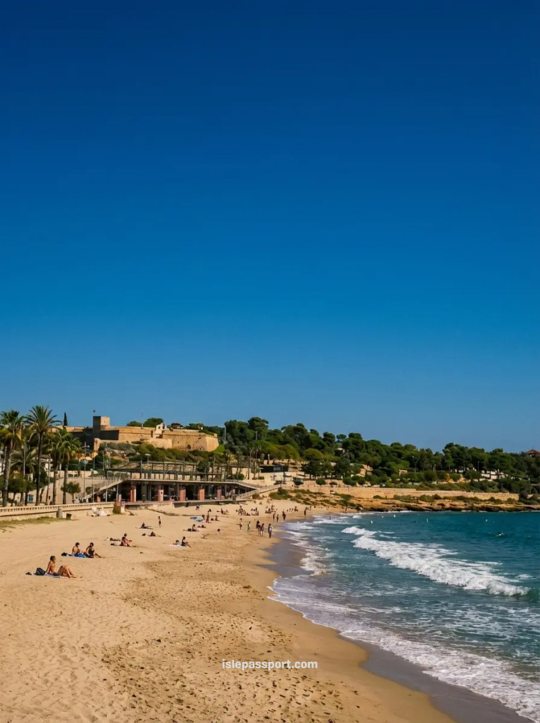 A view of the sandy Miracle Beach in Tarragona with the ancient Roman amphitheater ruins and a medieval fortress visible on the hill overlooking the sea.