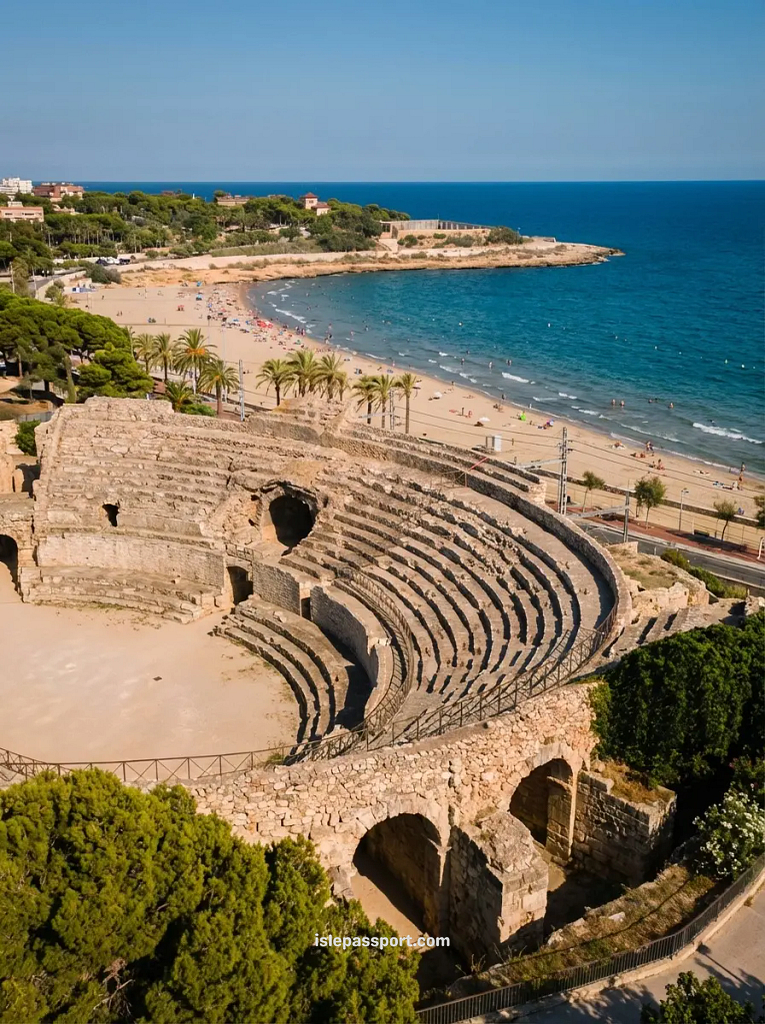 High-angle aerial view looking down at the ancient Roman amphitheater in Tarragona, its stone tiers defined against the deep blue Mediterranean coastline.