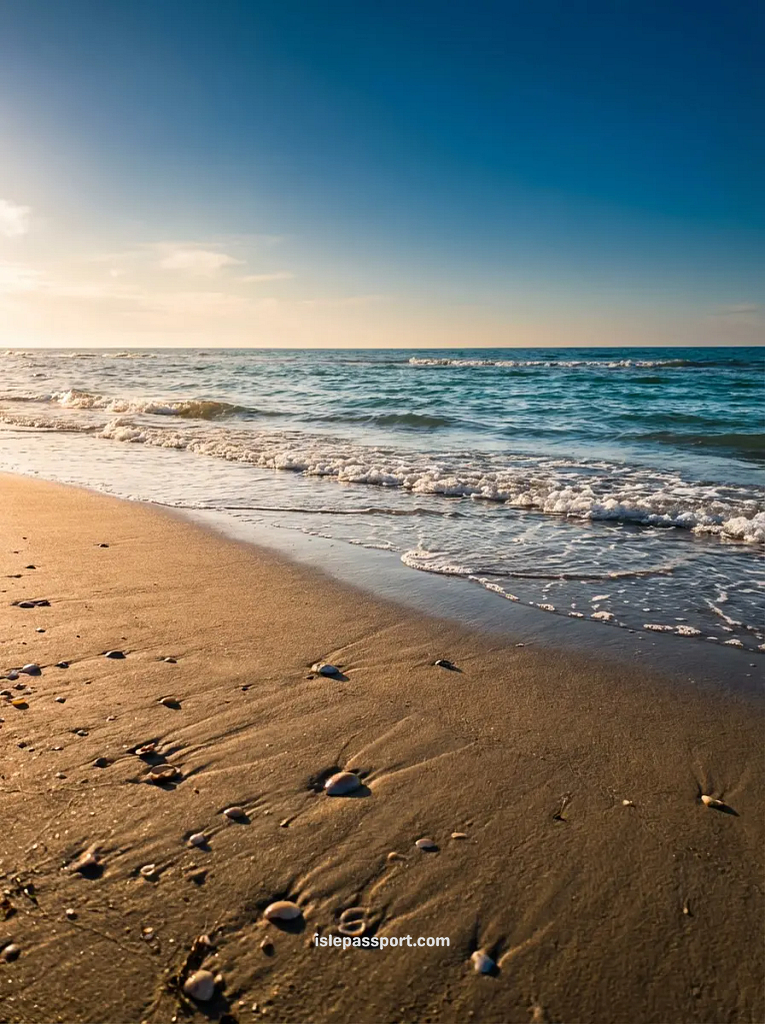 Wide sandy beach in Tirrenia, Italy, with gentle waves reaching the shore under a clear blue sky.