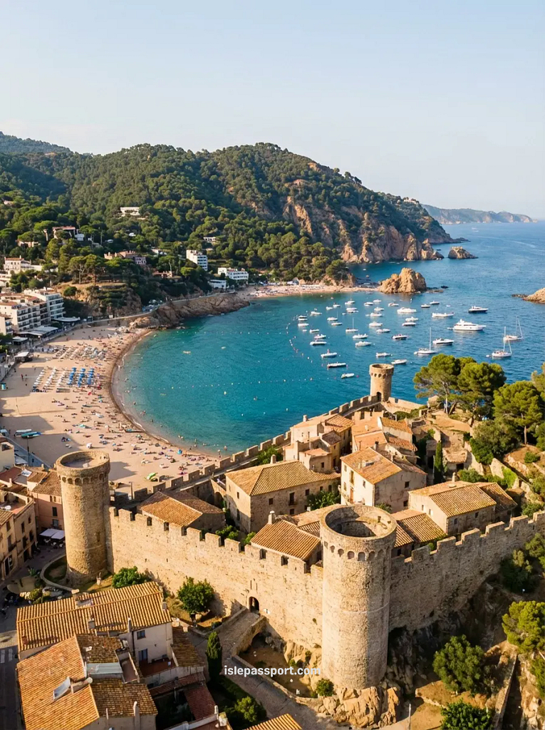 An image looking out through a rugged stone archway, framing the iconic medieval walled old town (Vila Vella) and main beach of Tossa de Mar on the Costa Brava.