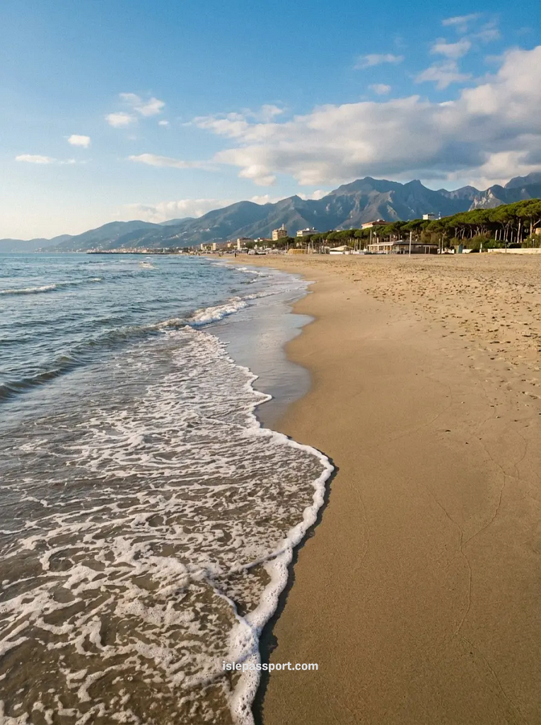 Wide, open sandy beach in Viareggio, Italy, looking toward the distant Apuan Alps mountain range under a partly cloudy sky.