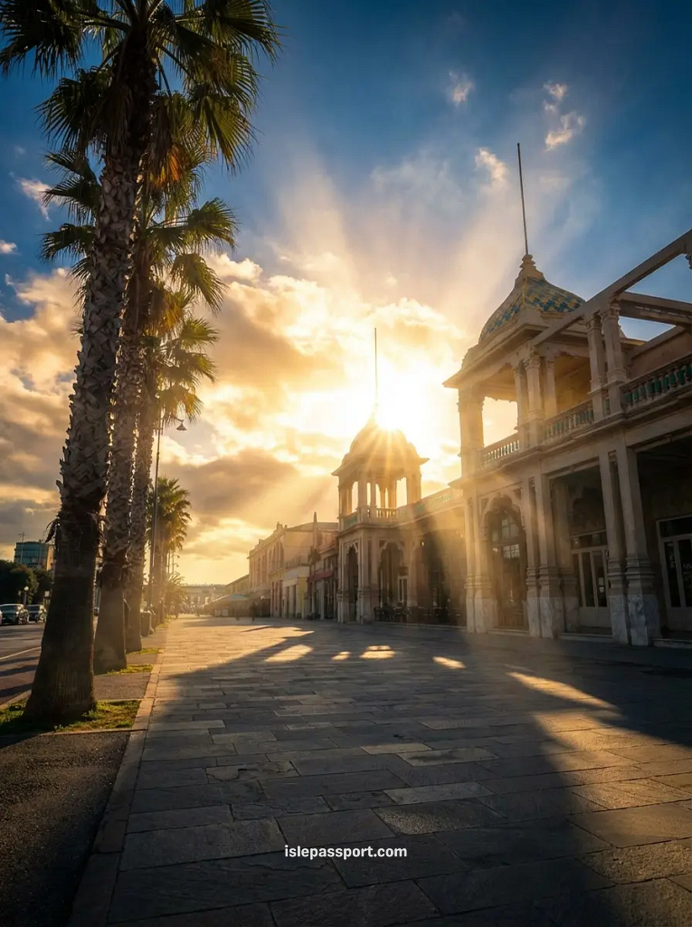 The Art Deco style promenade in Viareggio, Italy, lined with palm trees and ornate buildings bathed in golden sunset light.