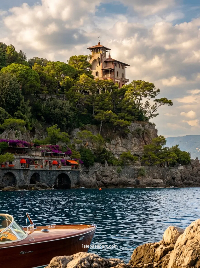 A magnificent cliffside villa in Portofino, Italy, sits above a private boat moored in the turquoise waters of the Mediterranean.