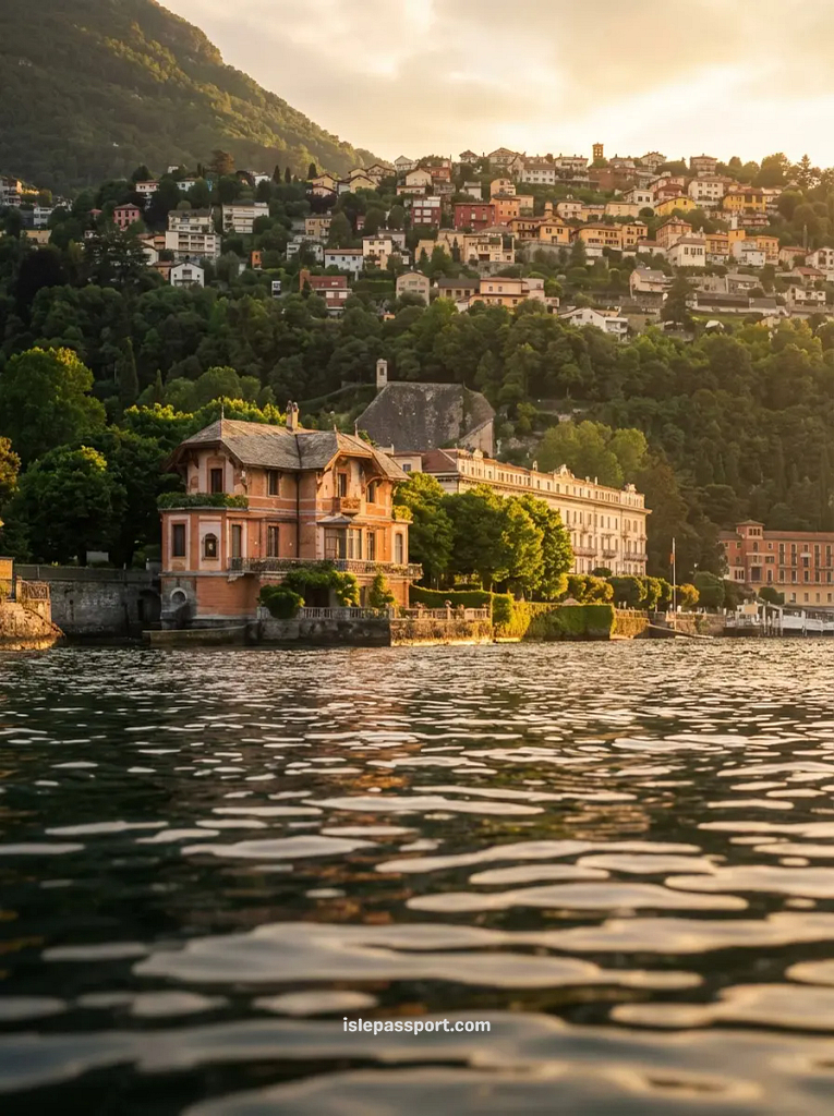 A stunning aerial view of the historic Villa d'Este on Lake Como, featuring grand Renaissance architecture, meticulously manicured floating pools, and the deep blue lake surrounded by mountains.