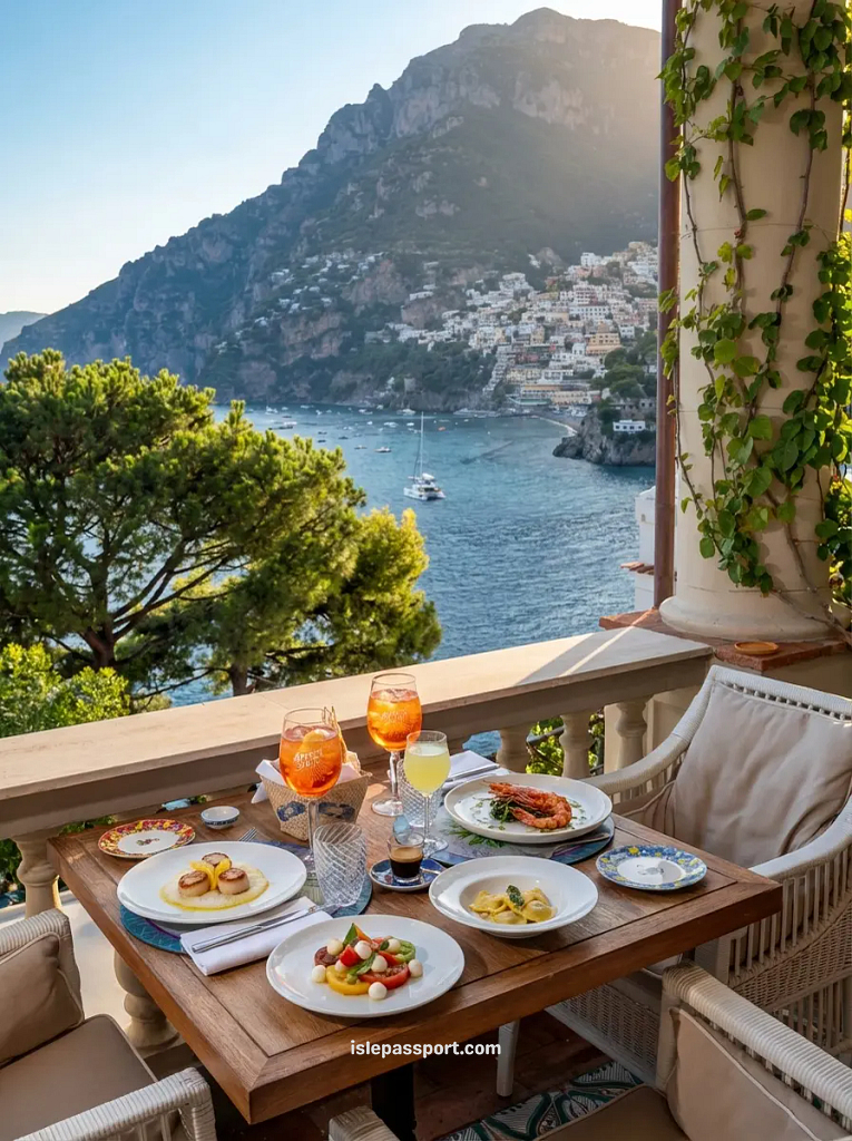 Elegant outdoor dining terrace at Villa Treville in Positano with lush greenery and panoramic views of the Amalfi Coast.