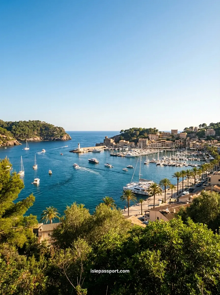 Panoramic aerial view of the horseshoe-shaped bay of Port de Sóller with the lighthouse and mountain backdrop.