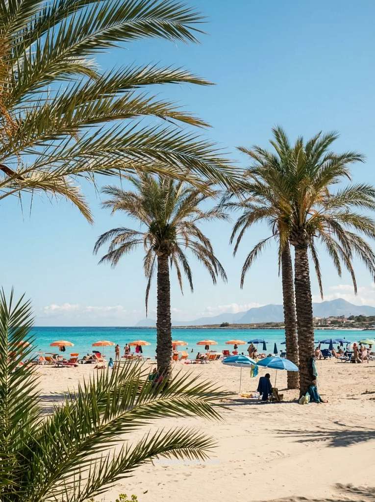 A view of San Vito Lo Capo beach in Sicily through palm trees, featuring white sand and the iconic Monte Monaco in the distance.