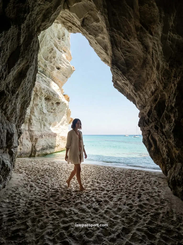 A woman walking along the sandy shore inside the Grotta del Palombaro sea cave in Tropea, Italy.