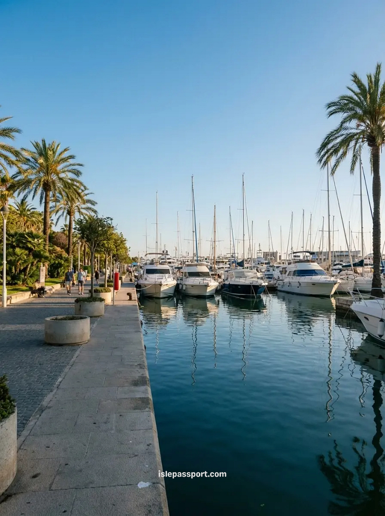 A large white Balearia ship docked at the Alcudia port, a key stop for the ferry to Mallorca.