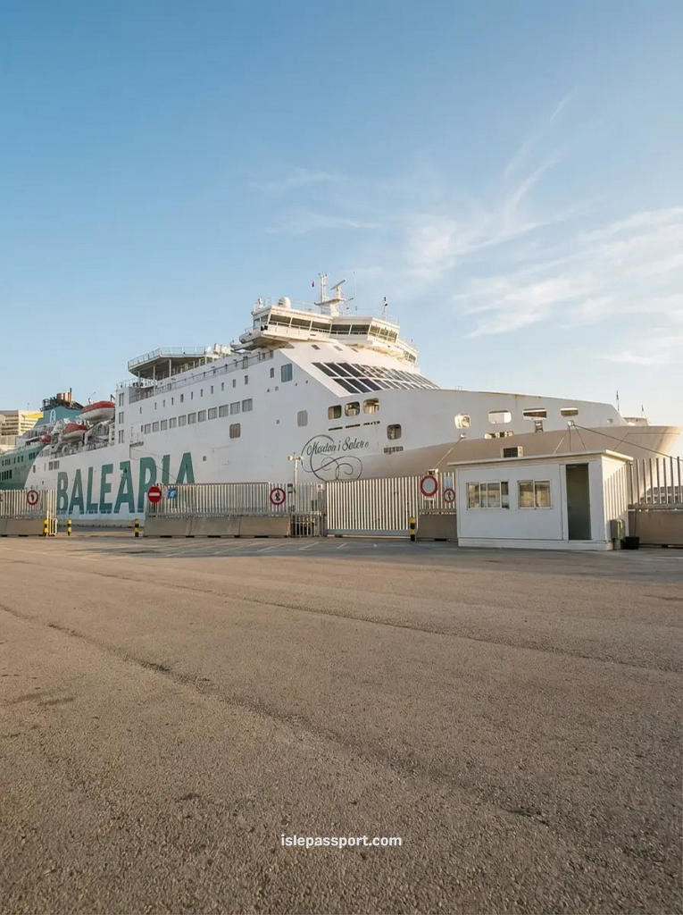 The large white Balearia ferry docked at the Barcelona terminal for the route to Mallorca.