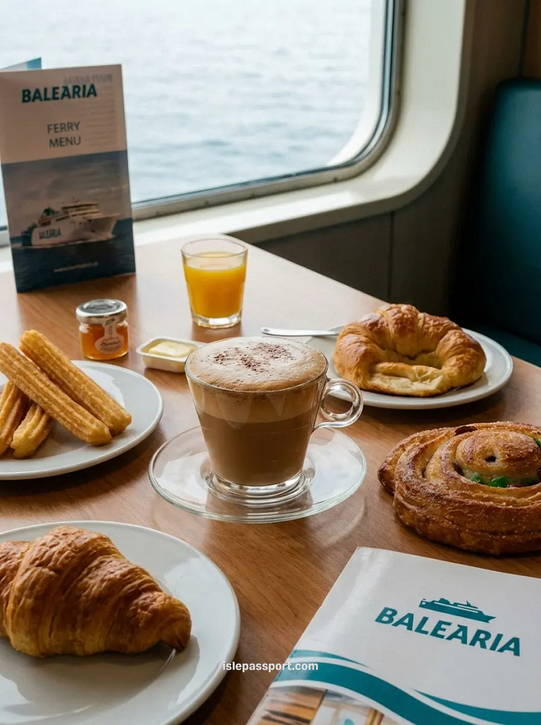 A cup of coffee and a croissant on a table inside a ferry with a view of the Mediterranean Sea.