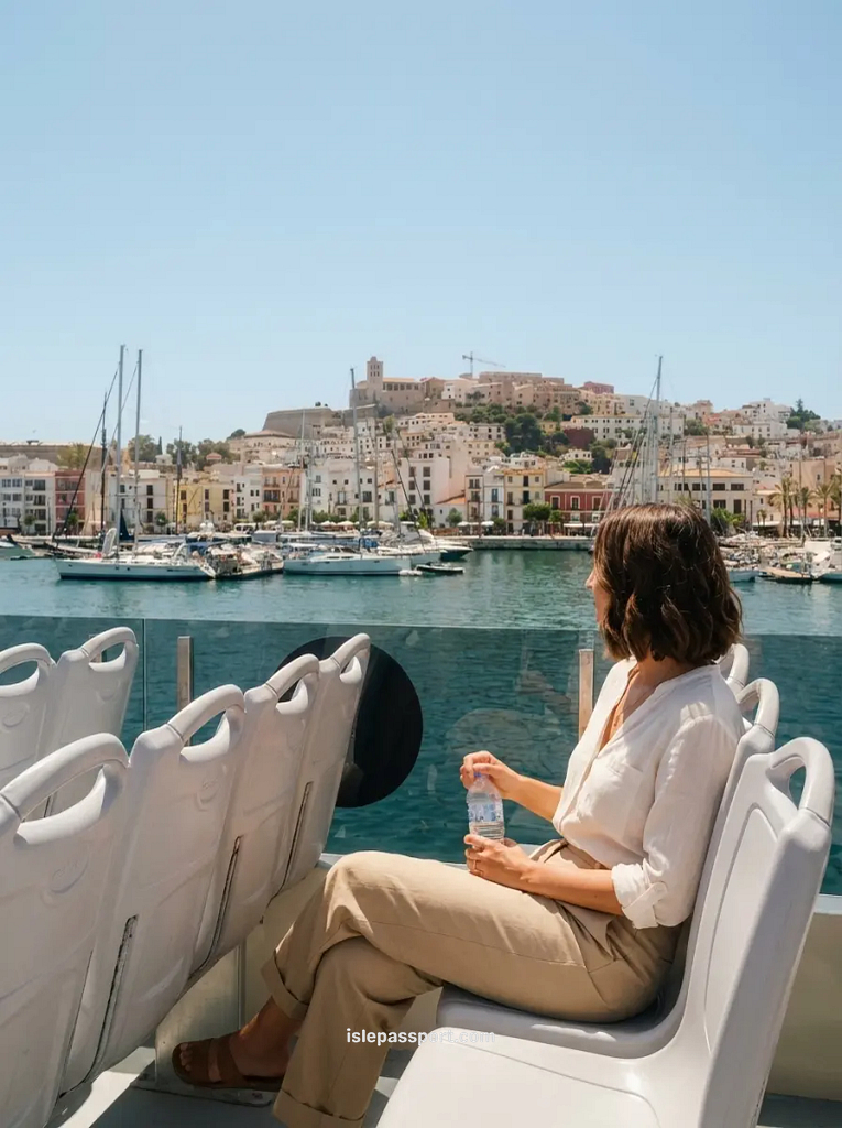 A passenger holding a water bottle while sitting on a Balearic ferry, highlighting tips for onboard expenses and food.