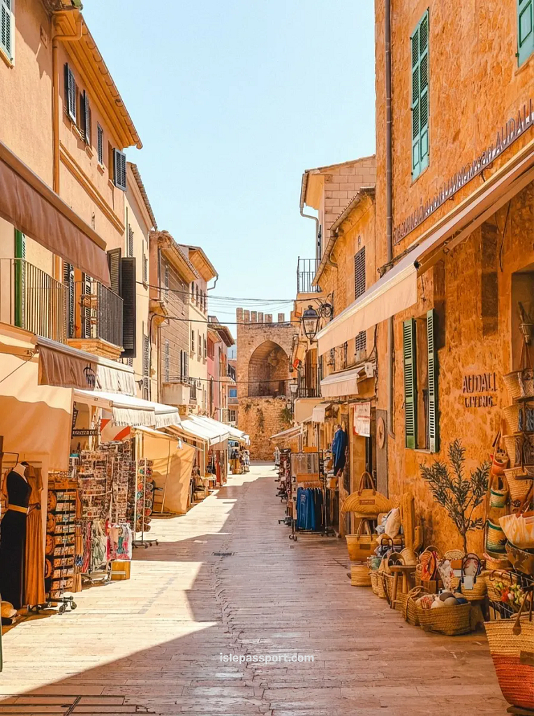 A sun-drenched narrow street in Alcudia Old Town with local shops and stone buildings, showing the cultural side of where to stay in Mallorca.