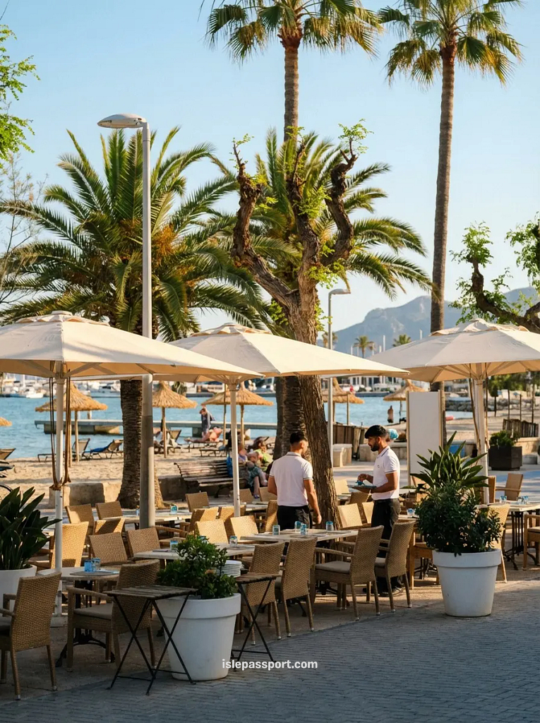 Outdoor restaurant seating with white umbrellas overlooking the beach and harbor in Port de Pollença, a popular area for first-time visitors to Mallorca.