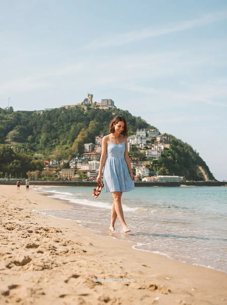 A woman in a blue floral dress walking barefoot through the calm surf on the sandy shore of La Concha Beach in San Sebastián.