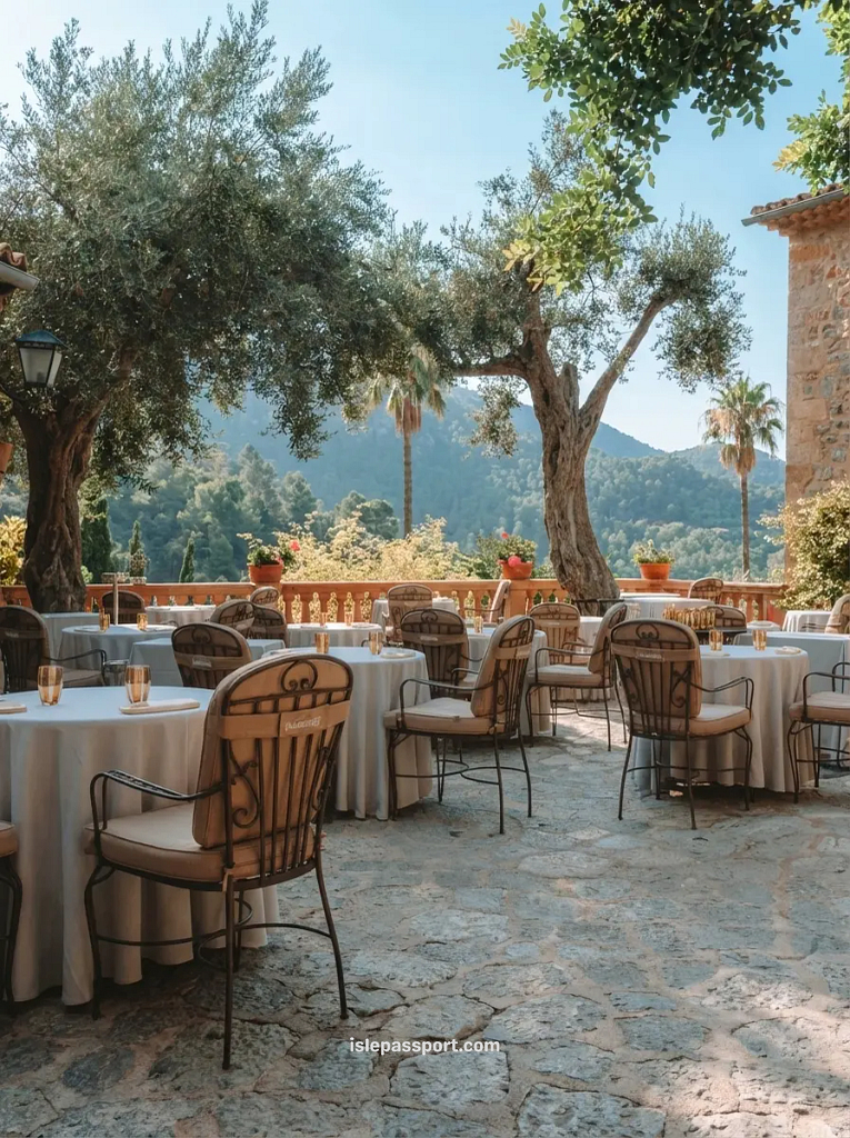The outdoor dining terrace at Belmond La Residencia in Deià, offering luxury accommodation for those looking for where to stay in Mallorca.