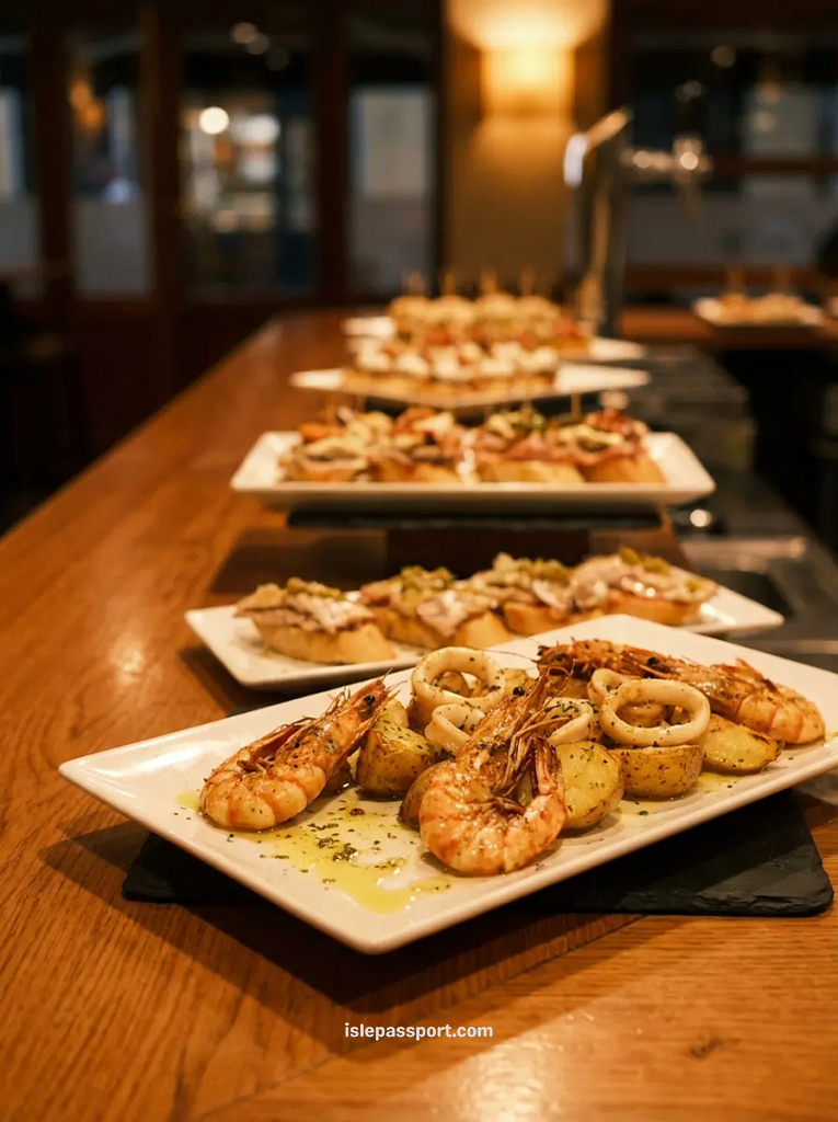 Rows of pintxos plates with grilled prawns, squid rings, and topped bread slices lined up on a warm wooden bar counter in San Sebastián, Basque Country