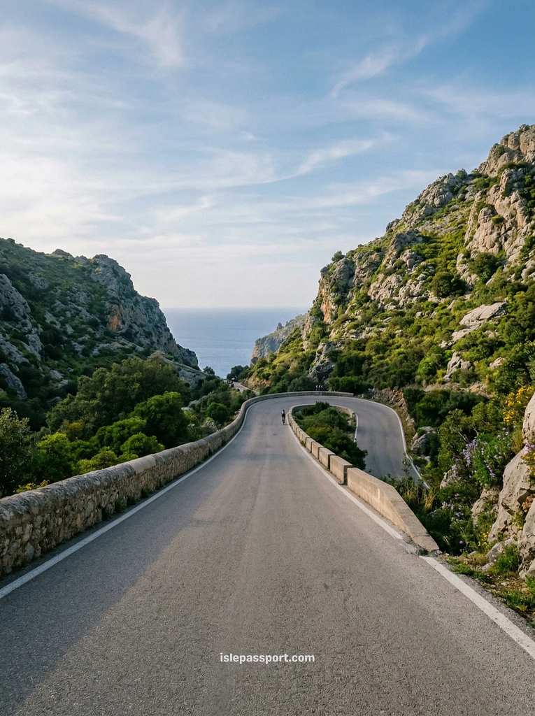 An aerial bird's eye view of the winding Sa Calobra road hairpins, a famous part of a Mallorca mountain road drive.