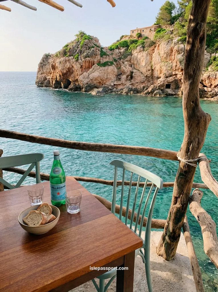 A restaurant table with bread and water overlooking a crystal clear blue cove in Mallorca in May.