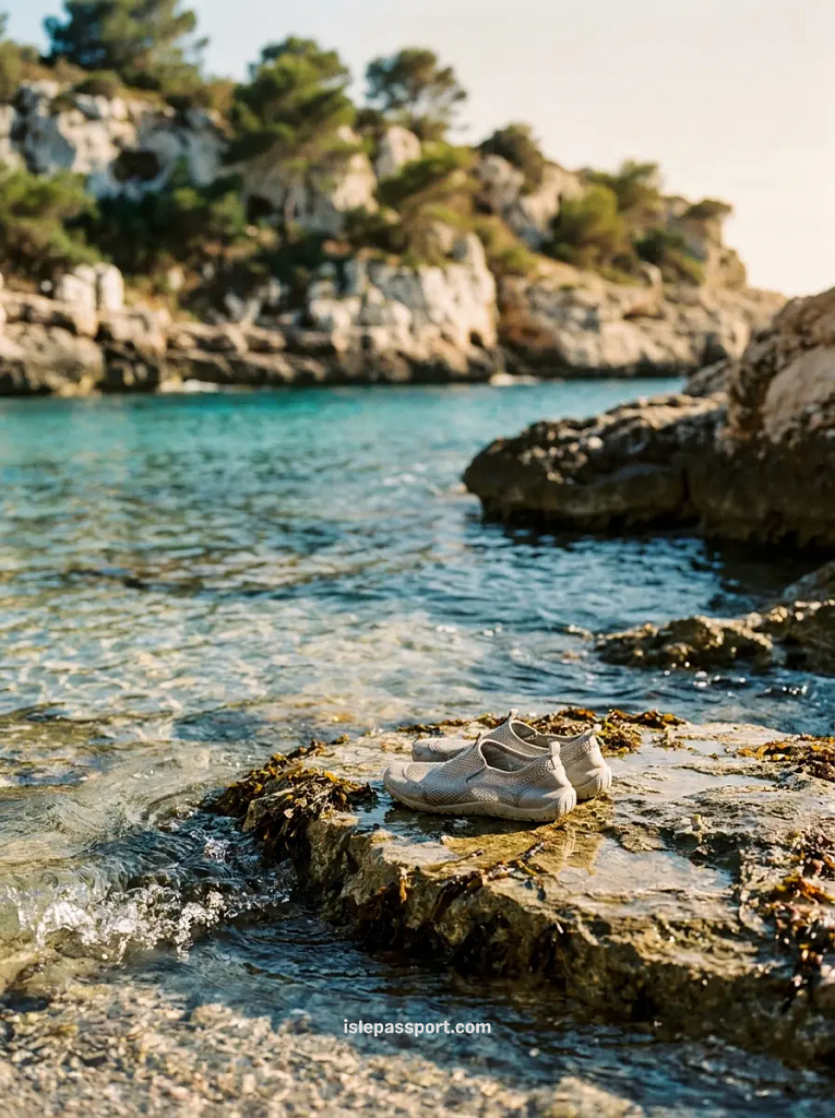 A pair of gray quick-dry water shoes sitting on a seaweed-covered rock at the edge of the sea in Mallorca.