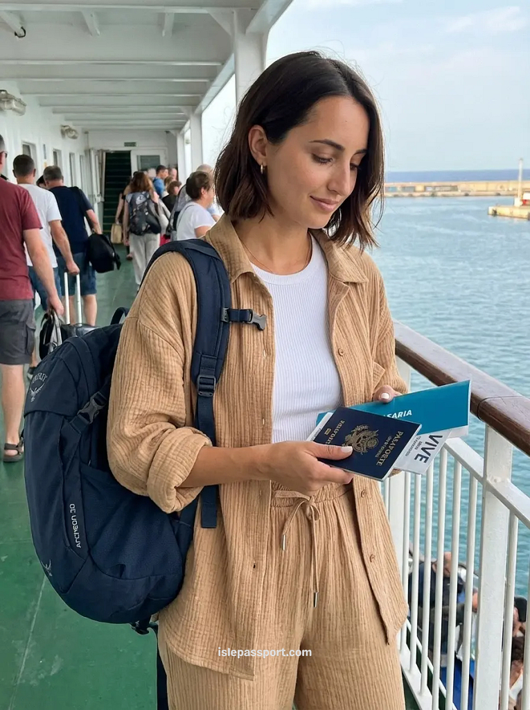 A traveler with a backpack walking toward a large vessel, illustrating the boarding process for a Balearic ferry trip to Mallorca.