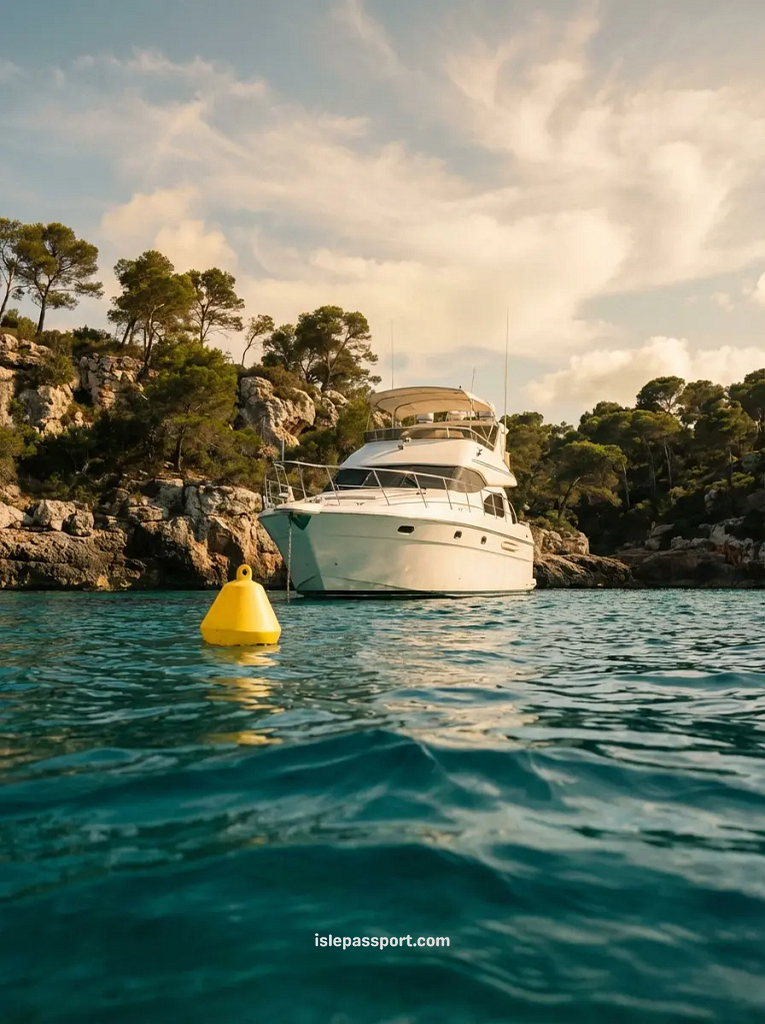 A white motorboat anchored in the deep blue and turquoise water of Cala Brafi, highlighting boat access to Mallorca hidden beaches.