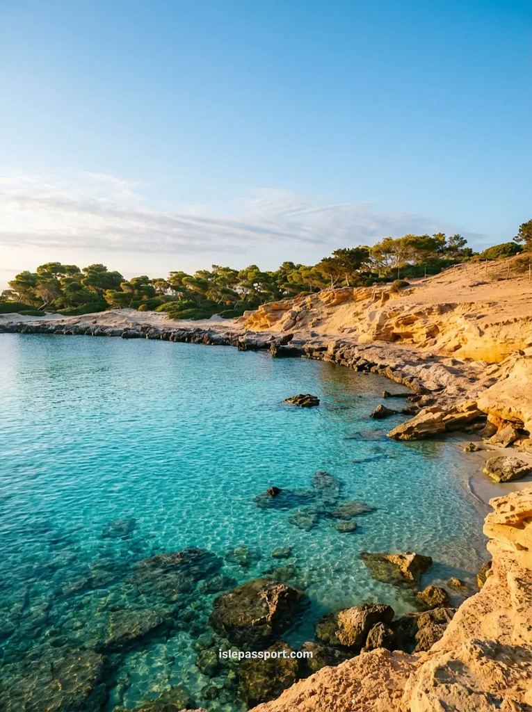 A view of the protected sand dunes and wild landscape behind Cala en Tugores, highlighting the most undeveloped of the Mallorca hidden beaches.