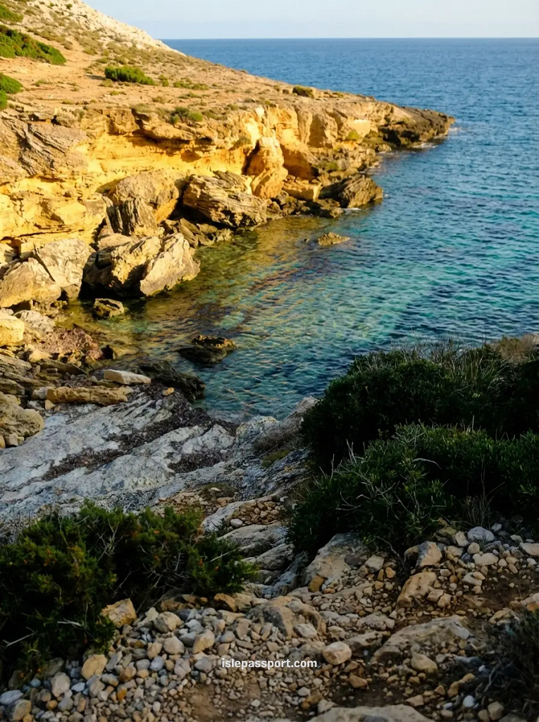A high-angle view of Cala Estreta, one of the top Mallorca hidden beaches, featuring golden cliffs and crystal clear turquoise water.