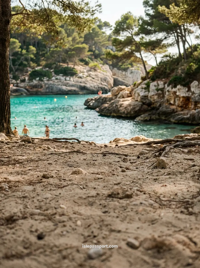 A wide view of the turquoise, transparent water at Cala Mitjana, one of the most secluded Mallorca hidden beaches, surrounded by rocky cliffs and pine trees.