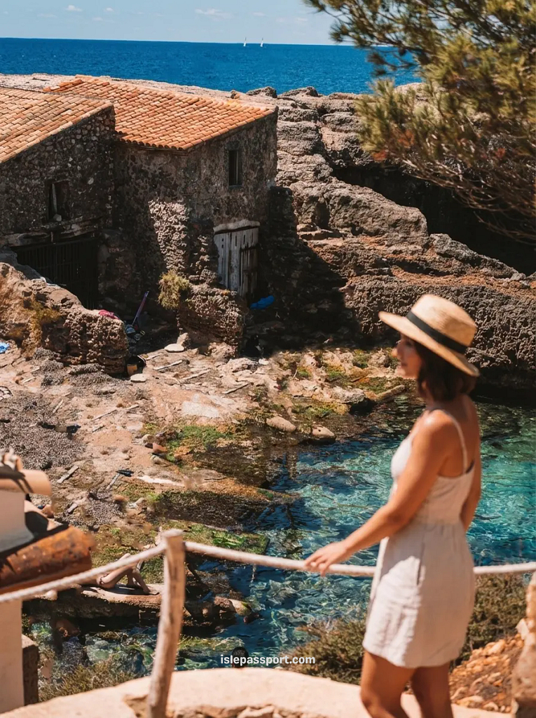A peaceful view of the stone boat houses and crystal clear deep blue water at Cala s’Almunia, one of the best Mallorca hidden beaches for escaping crowds.