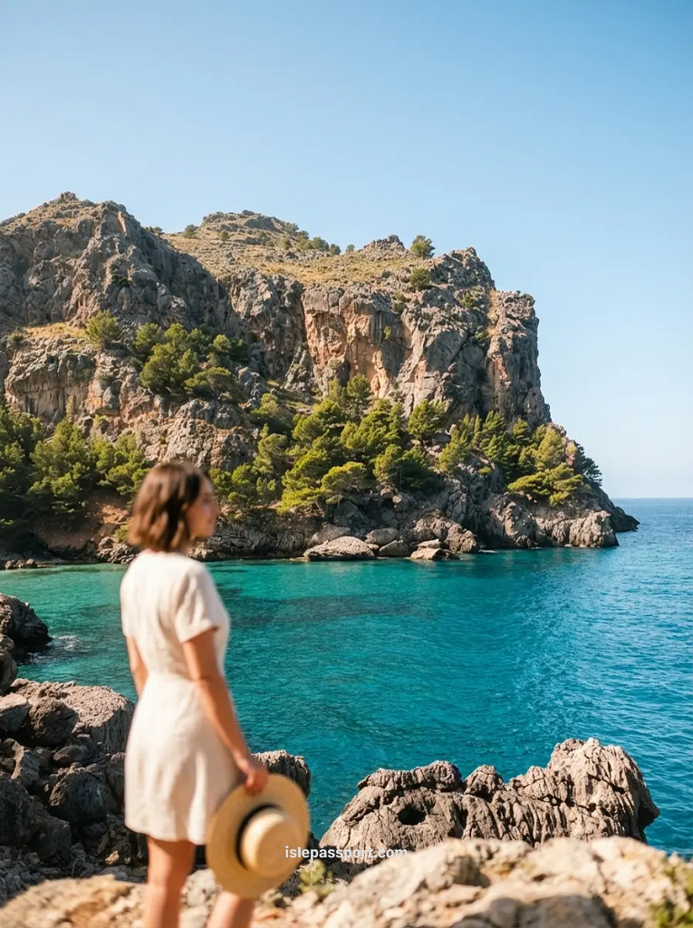 A woman looking out over the turquoise water and rocky cliffs of Cala Tuent near Port de Sóller.