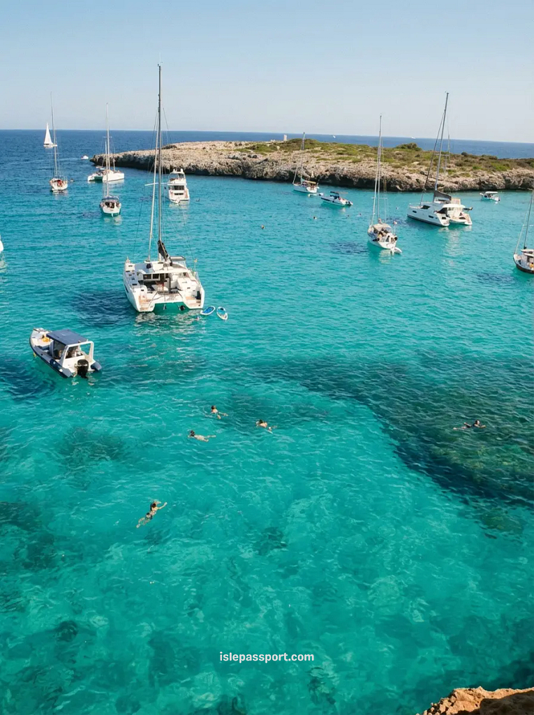 Several white boats and catamarans anchored in the bright turquoise water of Cala Varques, a popular destination for Mallorca hidden beaches explorers.