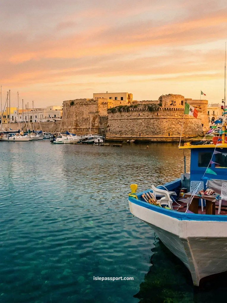 A colorful fishing boat in the turquoise water of Gallipoli harbour in Puglia, with the historic castle walls in the background.