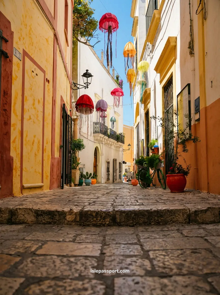 A narrow cobblestone street in the old town of Gallipoli, Puglia, decorated with colorful hanging jellyfish lanterns.