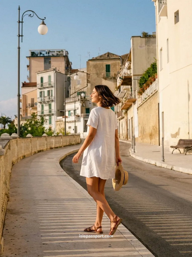 A woman in a white dress walking down a sunlit historic street in the coastal town of Ortona, Abruzzo.