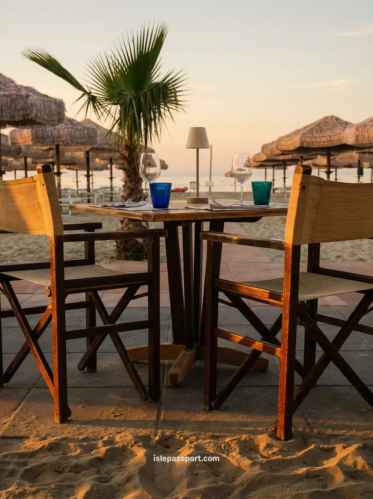 A sunset dinner table for two set directly on the sand at Da Attilio restaurant in Pescara, Italy.