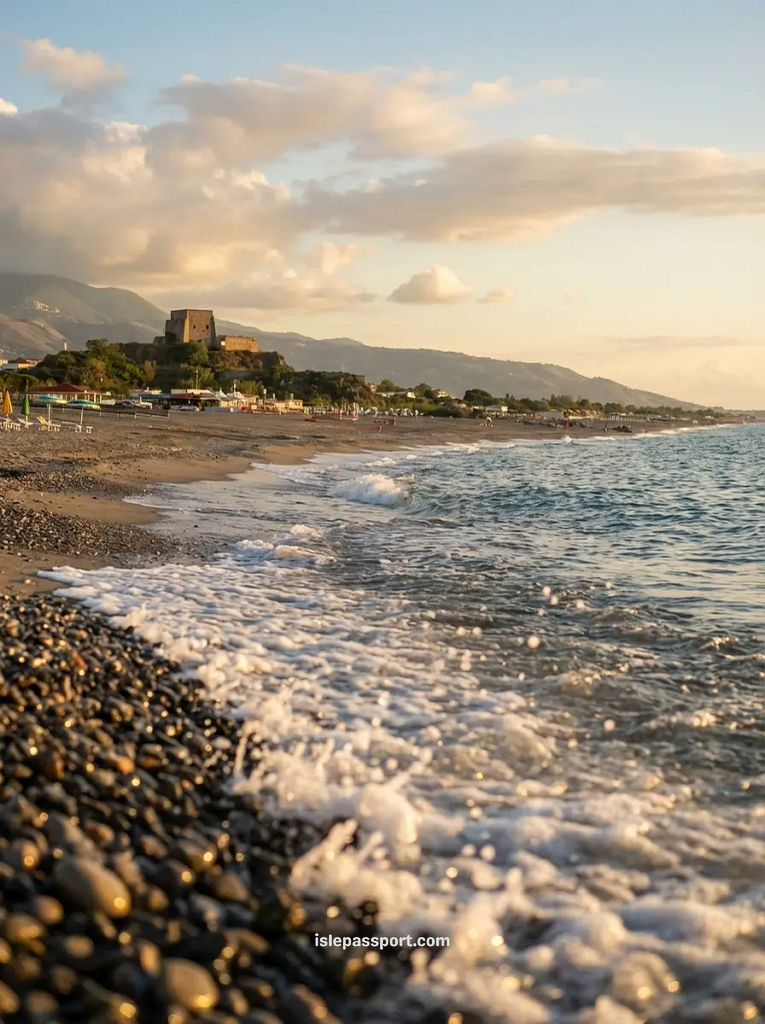 A wide pebble beach in Scalea, Calabria, at sunset with a historic tower on a cliff in the background.