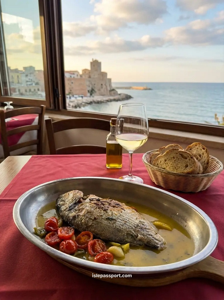 A platter of fresh grilled fish and cherry tomatoes served with a glass of white wine at a seaside restaurant in Termoli, Italy.
