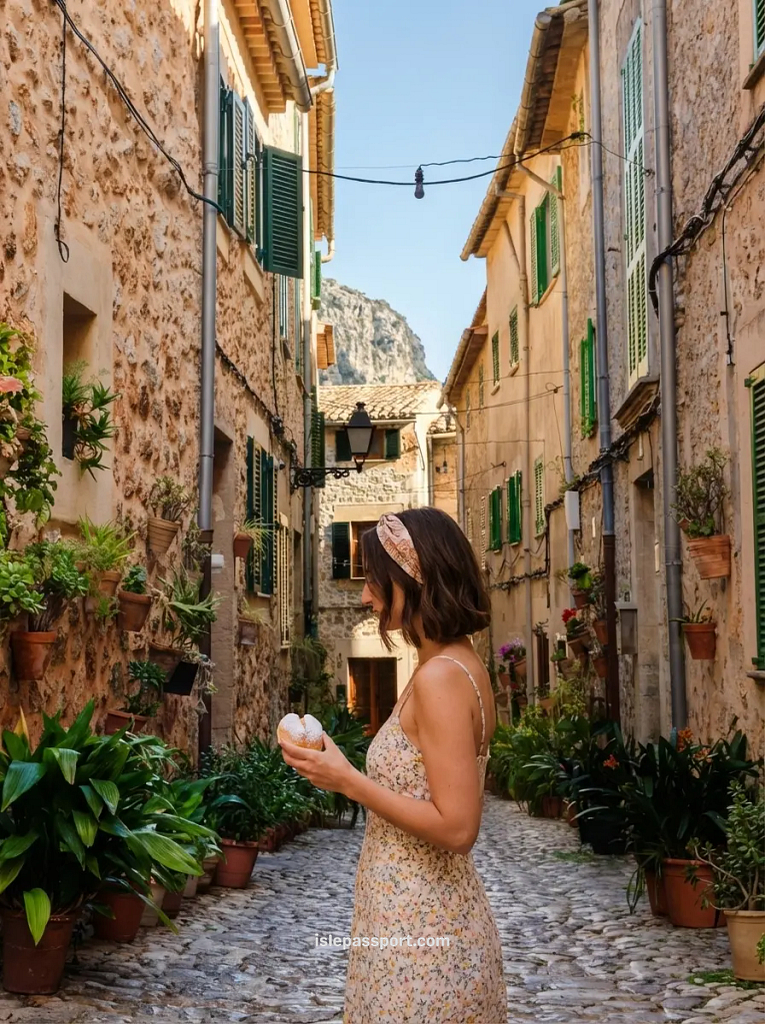 A woman holding a traditional Coca de Patata pastry in a narrow Valldemossa street during day three of a Mallorca itinerary 7 days.